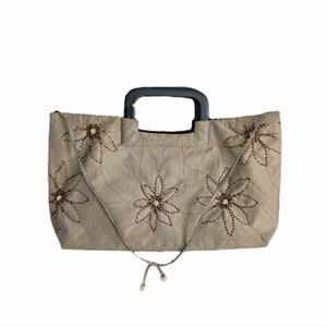 Vintage Y2K Sage Green Iridescent Fabric Beaded Floral Wooden Handle Tote Bag